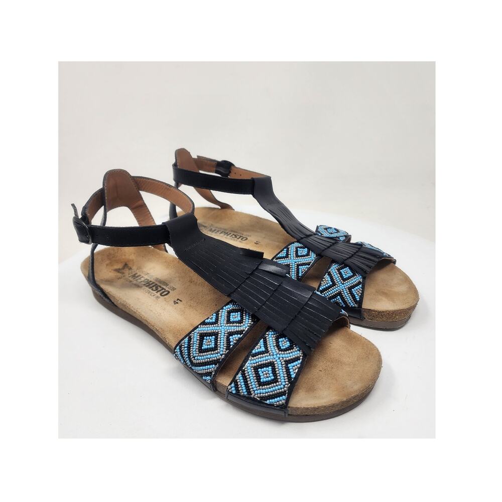 Mephisto Beaded Flat Sandals Women EU41/US11 Blue Diamond Black Leather Kiltie